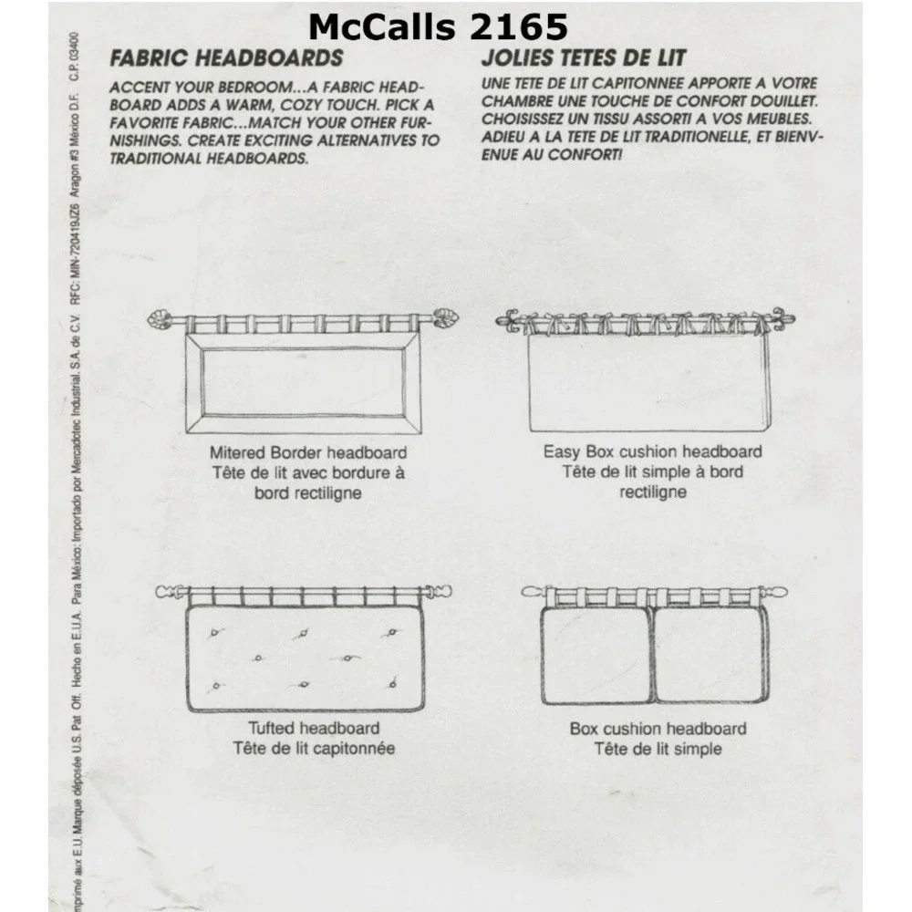 McCalls 2165 Fabric Headboards Home Decor Sewing Pattern Uncut Vintage 90s